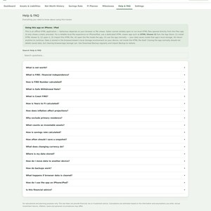 May include: A digital interface for a Net Worth & FI Tracker application displaying a Help & FAQ page. The screen features a navigation bar, a search input field, and a list of expandable questions regarding financial independence and net worth.