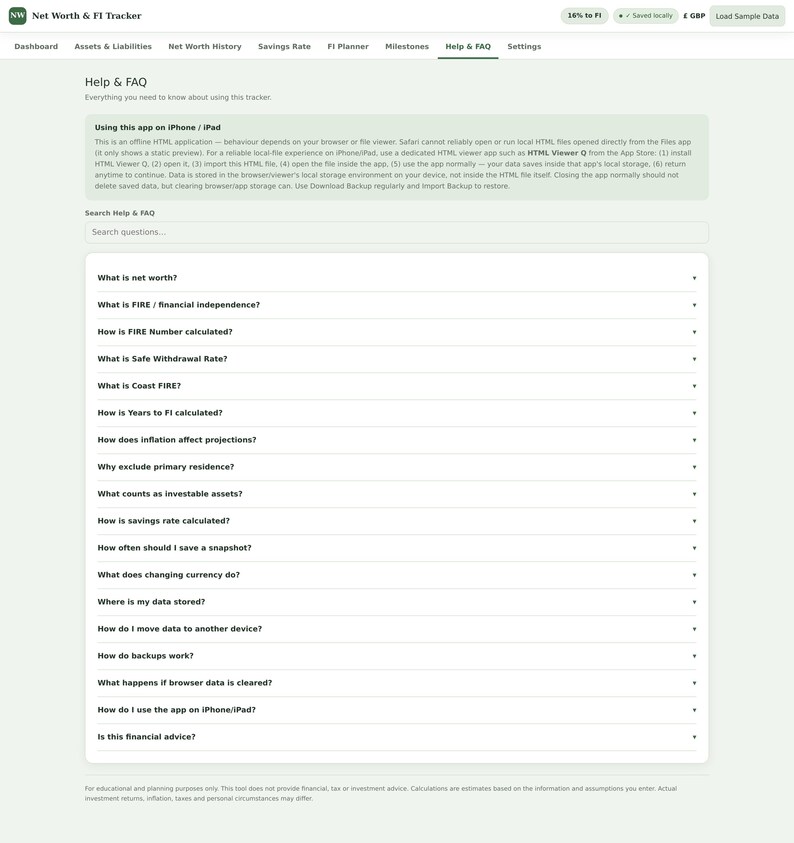 May include: A digital interface for a Net Worth & FI Tracker application displaying a Help & FAQ page. The screen features a navigation bar, a search input field, and a list of expandable questions regarding financial independence and net worth.
