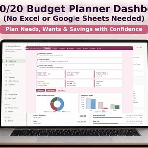 May include: A laptop screen displaying a 50/30/20 budget planner dashboard with financial data, charts, and navigation menus. The text reads 50/30/20 Budget Planner Dashboard, No Excel or Google Sheets Needed, Plan Needs, Wants & Savings with Confidence.