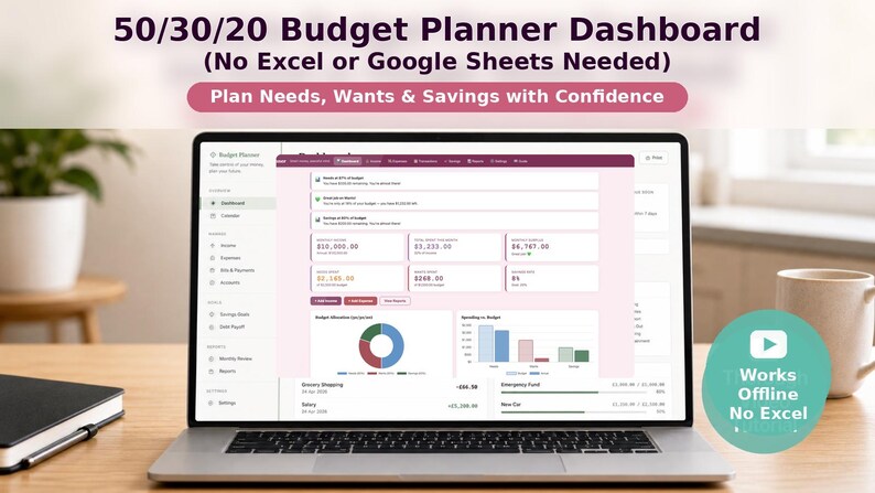 May include: A laptop screen displaying a 50/30/20 budget planner dashboard with financial data, charts, and navigation menus. The text reads 50/30/20 Budget Planner Dashboard, No Excel or Google Sheets Needed, Plan Needs, Wants & Savings with Confidence.