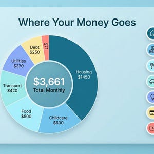 May include: A light blue digital infographic titled Where Your Money Goes, featuring a central donut chart showing a $3,661 total monthly budget. Segments include Housing $1450, Childcare $600, Food $500, Transport $420, Utilities $370, Debt $250, and Subscription $71.