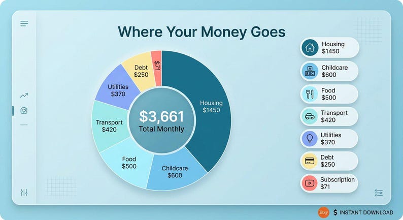 May include: A light blue digital infographic titled Where Your Money Goes, featuring a central donut chart showing a $3,661 total monthly budget. Segments include Housing $1450, Childcare $600, Food $500, Transport $420, Utilities $370, Debt $250, and Subscription $71.
