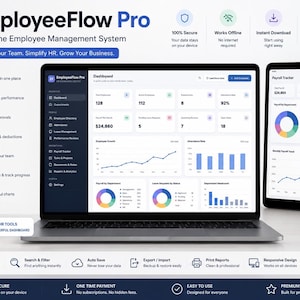 Op de afbeelding: EmployeeFlow Pro software-interface weergegeven op een laptop, tablet en smartphone. De schermen tonen een dashboard met gegevensgrafieken, loonlijsttrackers en tools voor personeelsbeheer. De tekst bevat EmployeeFlow Pro, All-in-One Employee Management System en diverse functielabels zoals Employee Directory en Attendance Tracker.