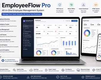 Employee Management System | HR Dashboard, Attendance, Payroll, Leave & Performance Tracker | Offline HTML App for Small Business