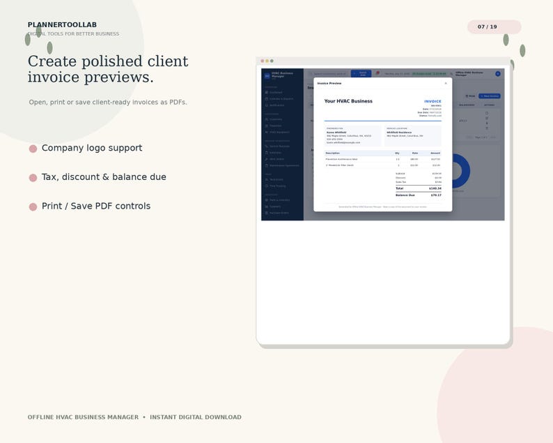 May include: A digital interface display showing an invoice preview for an HVAC business. The screen features text including Create polished client invoice previews, Company logo support, Tax, discount & balance due, and Print / Save PDF controls.