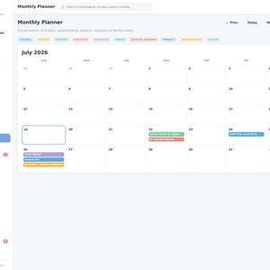 May include: A digital monthly planner interface titled Little Stars Planner displaying a July 2026 calendar grid. The sidebar lists navigation options like Dashboard, Children, and Homework Tracker. Event categories are color-coded at the top.