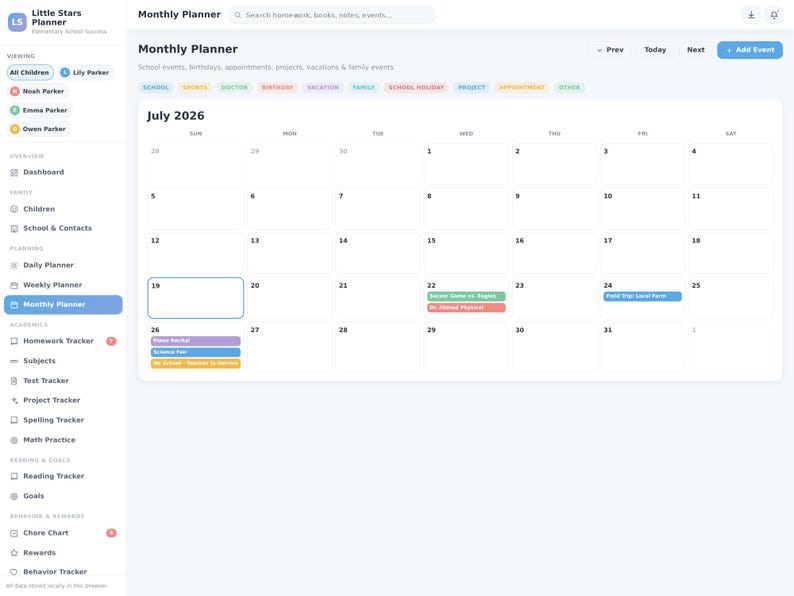 May include: A digital monthly planner interface titled Little Stars Planner displaying a July 2026 calendar grid. The sidebar lists navigation options like Dashboard, Children, and Homework Tracker. Event categories are color-coded at the top.