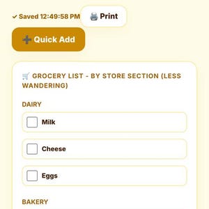May include: A digital interface for the PlannerToolLab ADHD Kitchen Pro, featuring a grocery list organized by store section. The layout includes checkboxes for items like milk, cheese, eggs, bread, tortillas, frozen peas, pasta, and salsa, plus a weekly budget tracker.