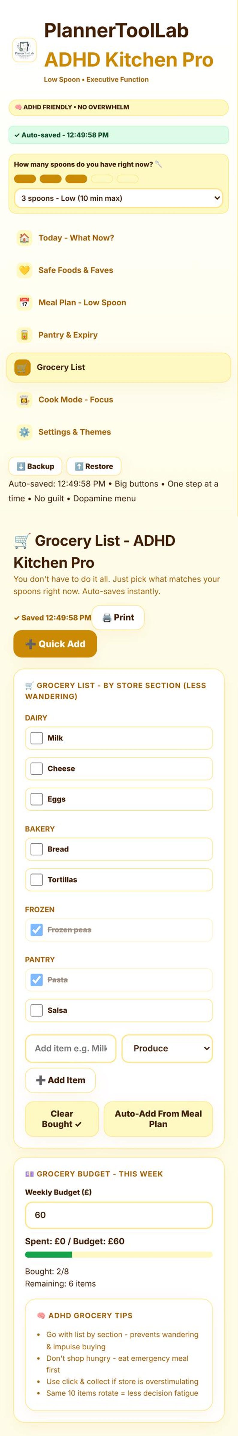 May include: A digital interface for the PlannerToolLab ADHD Kitchen Pro, featuring a grocery list organized by store section. The layout includes checkboxes for items like milk, cheese, eggs, bread, tortillas, frozen peas, pasta, and salsa, plus a weekly budget tracker.