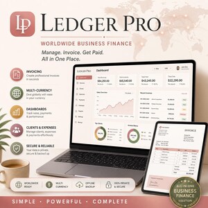 May include: A laptop and tablet displaying the Ledger Pro business finance software interface. The screen shows a dashboard with financial data, charts, and an invoice. Text includes Ledger Pro, Worldwide Business Finance, and Manage. Invoice. Get Paid. All in One Place.