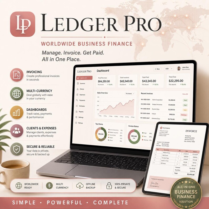 May include: A laptop and tablet displaying the Ledger Pro business finance software interface. The screen shows a dashboard with financial data, charts, and an invoice. Text includes Ledger Pro, Worldwide Business Finance, and Manage. Invoice. Get Paid. All in One Place.
