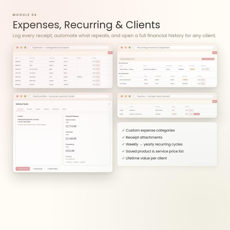 May include: A digital interface display titled Module 04 Expenses, Recurring & Clients. It features four browser-style windows showing financial tables, client profiles, and invoice summaries. A list of features includes custom expense categories, receipt attachments, recurring cycles, saved price lists, and lifetime value per client.