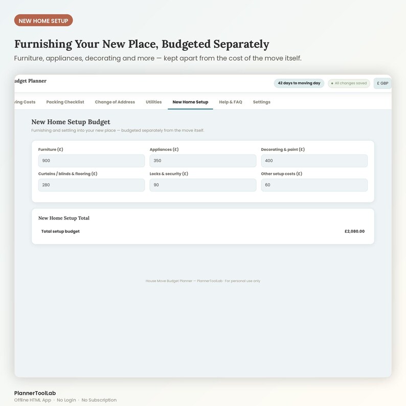 May include: A digital budget planner interface titled New Home Setup Budget. It displays categories for furniture, appliances, decorating, curtains, locks, and other costs with input fields. The total setup budget is listed as 2,080.00 GBP.