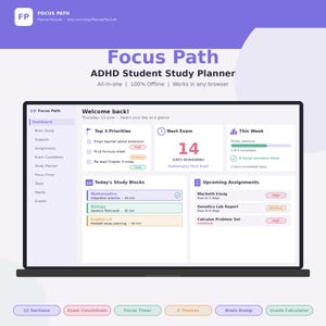 Puede incluir: Una interfaz digital para el planificador de estudios para estudiantes con TDAH Focus Path en una pantalla de portátil. El panel muestra secciones para prioridades, próximo examen, esta semana, bloques de estudio y tareas en morado.
