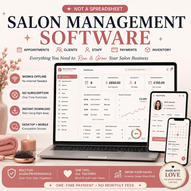 May include: Salon management software displayed on a laptop, tablet, and smartphone. The interface shows dashboards for appointments, revenue, clients, and inventory. Text includes "Not a Spreadsheet," "Works Offline," and "No Subscription."