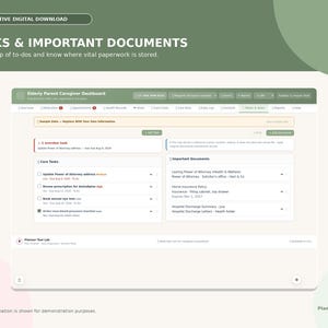 Puede incluir: Un panel digital interactivo titulado Tasks & Important Documents para cuidadores de padres ancianos. La interfaz presenta secciones para tareas de cuidado, una alerta de tarea vencida y una lista de documentos importantes con ubicaciones.