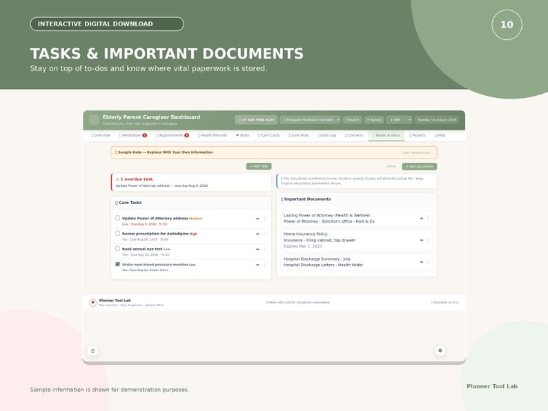 Puede incluir: Un panel digital interactivo titulado Tasks & Important Documents para cuidadores de padres ancianos. La interfaz presenta secciones para tareas de cuidado, una alerta de tarea vencida y una lista de documentos importantes con ubicaciones.