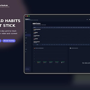 May include: A digital habit tracker interface titled PlannerToolLab featuring a 31-day grid for tracking daily tasks like morning workouts and meditation. The dark-themed dashboard includes a streak leaderboard and completion rate section with text.