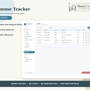 May include: A digital expense tracker interface titled Expense Tracker with text reading Property and category filters, Recurring expenses, and Receipt references. The screen displays a table of expenses with columns for date, property, category, description, and amount.