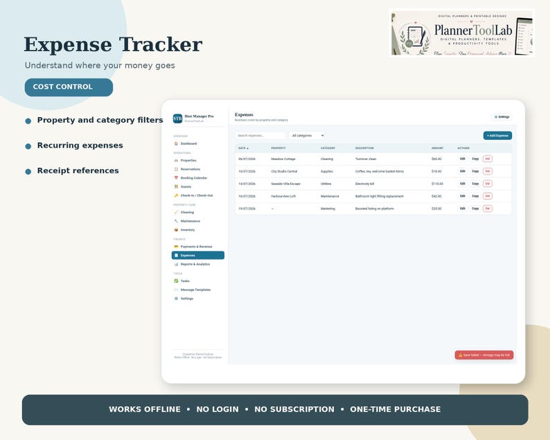 May include: A digital expense tracker interface titled Expense Tracker with text reading Property and category filters, Recurring expenses, and Receipt references. The screen displays a table of expenses with columns for date, property, category, description, and amount.