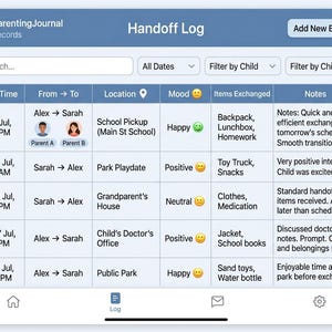 May include: A digital interface titled OurCoParentingJournal displaying a Handoff Log table. The table includes columns for Date & Time, From to To, Location, Mood, Items Exchanged, and Notes, tracking parenting exchanges with text and icons.