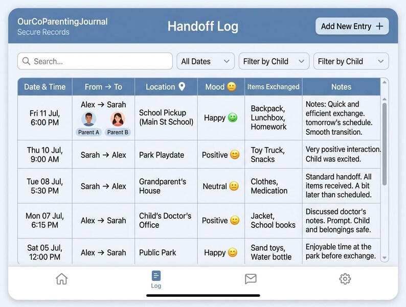 May include: A digital interface titled OurCoParentingJournal displaying a Handoff Log table. The table includes columns for Date & Time, From to To, Location, Mood, Items Exchanged, and Notes, tracking parenting exchanges with text and icons.