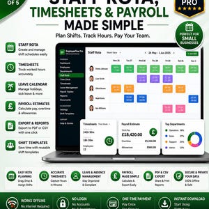 May include: A laptop screen displaying the EmployeeFlow Pro software interface for staff rota, timesheets, and payroll management. The dashboard shows a weekly schedule, employee names, shift hours, payroll estimates, and department charts.