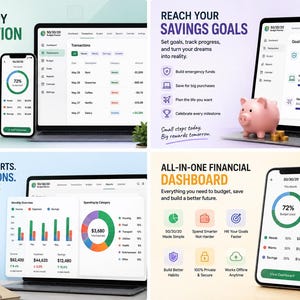 May include: A digital 50/30/20 budget planner displayed on a laptop and smartphone. The interface features transaction tracking, savings goal progress bars, financial reports with pie charts, and a dashboard showing income, expenses, and savings categories.