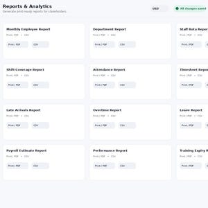 May include: A digital dashboard interface titled EmployeeFlow Pro Reports & Analytics featuring a dark sidebar navigation menu and a white main content area with twelve rectangular report cards including Monthly Employee, Department, and Staff Rota.