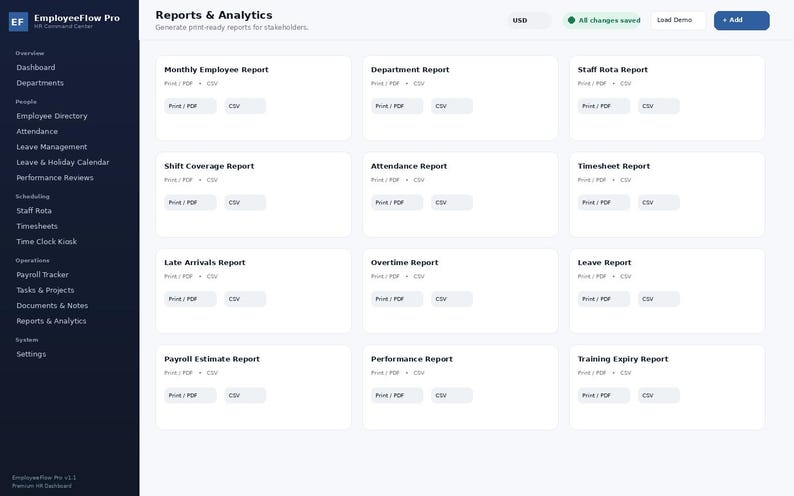 May include: A digital dashboard interface titled EmployeeFlow Pro Reports & Analytics featuring a dark sidebar navigation menu and a white main content area with twelve rectangular report cards including Monthly Employee, Department, and Staff Rota.