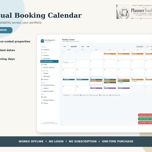 May include: A digital booking calendar interface titled Visual Booking Calendar by PlannerToolLab. The screen displays a monthly grid for July 2024 with color-coded property bookings, blocked dates, and cleaning days, featuring a sidebar menu.