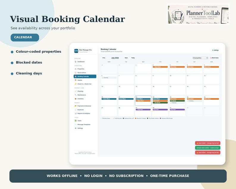 May include: A digital booking calendar interface titled Visual Booking Calendar by PlannerToolLab. The screen displays a monthly grid for July 2024 with color-coded property bookings, blocked dates, and cleaning days, featuring a sidebar menu.