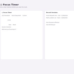 May include: A digital interface for a Focus Path study planner featuring a Focus Timer module with options for 25/5 Pomodoro, 50/10 Deep Work, and custom settings. The screen displays a 25:00 timer, start and reset buttons, and a session intention field.