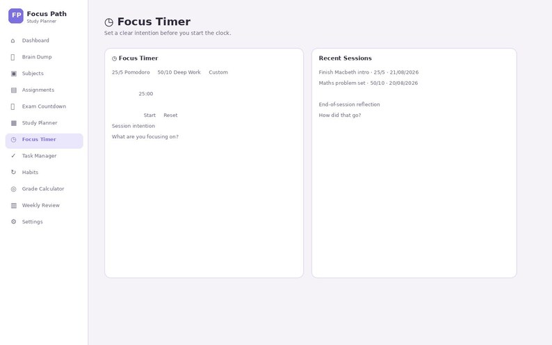 May include: A digital interface for a Focus Path study planner featuring a Focus Timer module with options for 25/5 Pomodoro, 50/10 Deep Work, and custom settings. The screen displays a 25:00 timer, start and reset buttons, and a session intention field.
