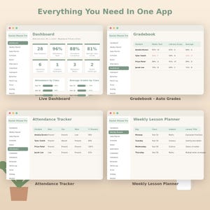 May include: A digital interface titled Teacher Planner Pro displaying four distinct screens: a Live Dashboard with student metrics, a Gradebook with auto-calculated grades, an Attendance Tracker, and a Weekly Lesson Planner for classroom management.