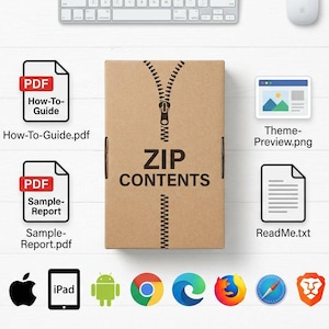 May include: A brown cardboard box graphic labeled ZIP CONTENTS with a zipper illustration, surrounded by various file icons including app.html, PDF guides, and a PNG preview, plus a numbered four-step instruction list and various software logos.