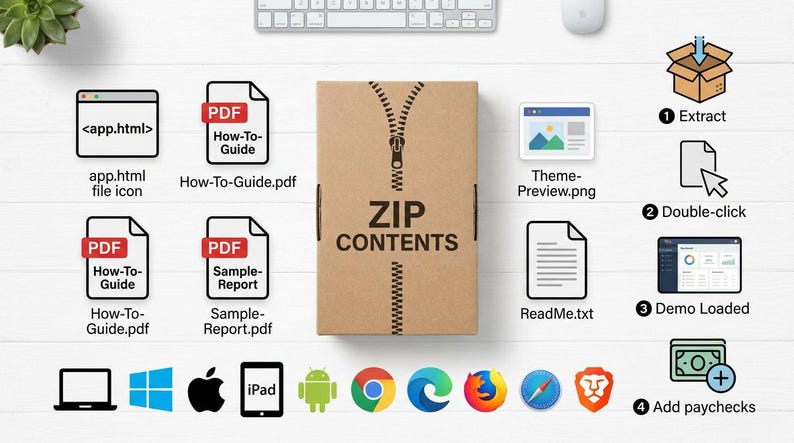 May include: A brown cardboard box graphic labeled ZIP CONTENTS with a zipper illustration, surrounded by various file icons including app.html, PDF guides, and a PNG preview, plus a numbered four-step instruction list and various software logos.