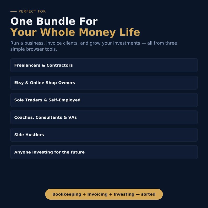 May include: A dark blue informational graphic with gold text reading One Bundle For Your Whole Money Life. It lists target audiences including Freelancers & Contractors, Etsy & Online Shop Owners, Sole Traders, Coaches, and Side Hustlers, ending with Bookkeeping + Invoicing + Investing &mdash; sorted.