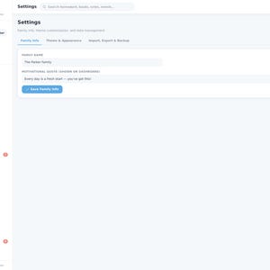 May include: A digital interface for the Little Stars Planner application showing a settings page. The sidebar lists navigation options like Dashboard, Children, and Homework Tracker. The main area displays Family Info fields for Family Name and a Motivational Quote.