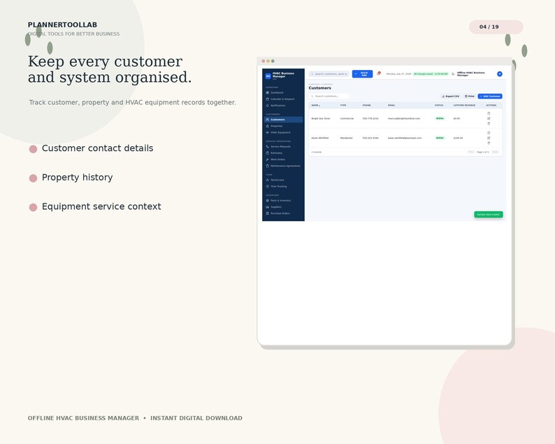 May include: A digital interface for an HVAC business manager tool. The screen displays a customer management dashboard with columns for name, phone, email, status, and actions. Text includes 'Keep every customer and system organised' and 'PLANNERTOOLLAB'.