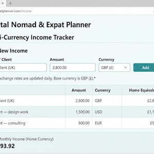 May include: A digital interface for a Digital Nomad & Expat Planner featuring a Multi-Currency Income Tracker. The screen displays input fields for Source, Amount, and Currency, alongside a table listing income entries with home currency equivalents.