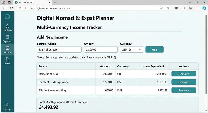 May include: A digital interface for a Digital Nomad & Expat Planner featuring a Multi-Currency Income Tracker. The screen displays input fields for Source, Amount, and Currency, alongside a table listing income entries with home currency equivalents.