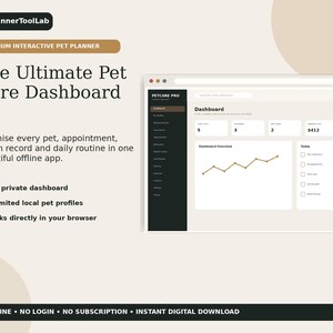 May include: A digital pet care dashboard interface displayed on a screen, featuring the text PlannerToolLab, Premium Interactive Pet Planner, The Ultimate Pet Care Dashboard, and various organizational categories for pet health, appointments, and routines.