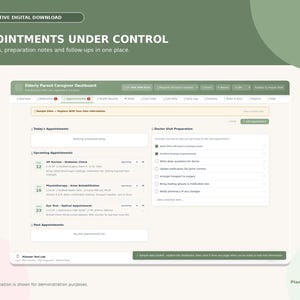 Puede incluir: Un panel de control digital interactivo titulado Appointments Under Control, que presenta una interfaz Elderly Parent Caregiver Dashboard con secciones para citas de hoy, pr&oacute;ximas visitas y una lista de verificaci&oacute;n de preparaci&oacute;n.