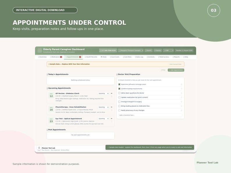 Puede incluir: Un panel de control digital interactivo titulado Appointments Under Control, que presenta una interfaz Elderly Parent Caregiver Dashboard con secciones para citas de hoy, pr&oacute;ximas visitas y una lista de verificaci&oacute;n de preparaci&oacute;n.