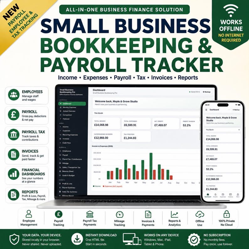 May include: A digital bookkeeping and payroll tracker displayed on a laptop and smartphone screen. The interface shows financial dashboards, income, expenses, and tax data. Text includes "Small Business Bookkeeping & Payroll Tracker" and "All-in-one business finance solution" with icons for employees, payroll, tax, and invoices.