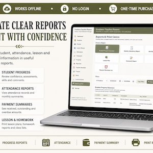 May include: A laptop displaying the Freelance Teacher Planner software interface, featuring a Reports & Print Centre dashboard. The screen shows options for student progress, attendance, and payment summaries, with text detailing report creation.