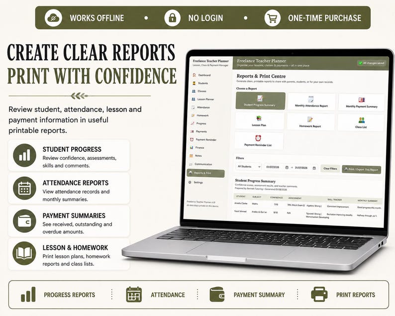 May include: A laptop displaying the Freelance Teacher Planner software interface, featuring a Reports & Print Centre dashboard. The screen shows options for student progress, attendance, and payment summaries, with text detailing report creation.