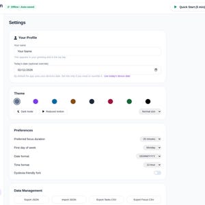 May include: A digital interface for the ADHD Second Brain planner showing a settings menu. The screen displays sections for profile, theme, preferences, and data management with options for focus duration, date format, and various color themes.