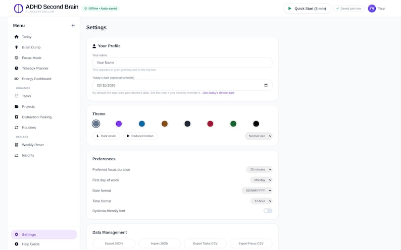 May include: A digital interface for the ADHD Second Brain planner showing a settings menu. The screen displays sections for profile, theme, preferences, and data management with options for focus duration, date format, and various color themes.